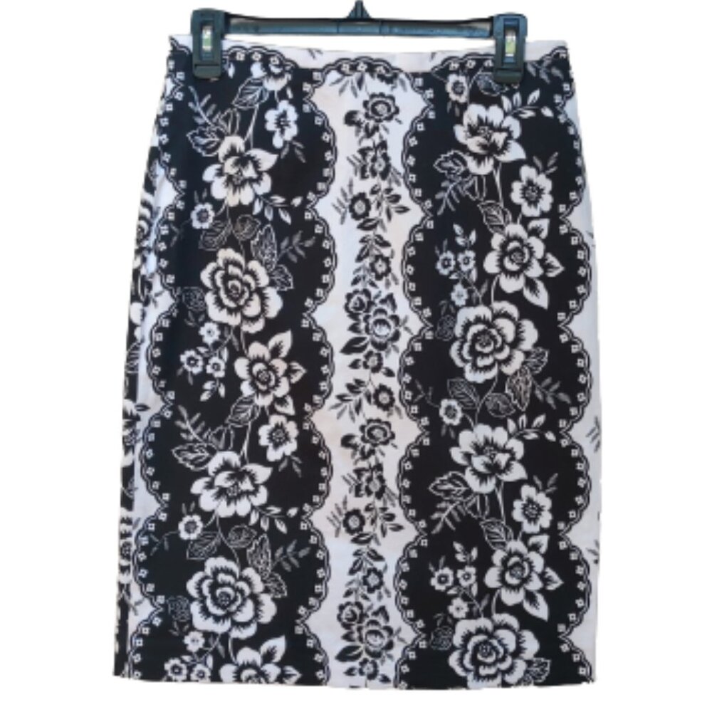 City Silk Pencil Skirt Black White Floral Print Cotton Blend
